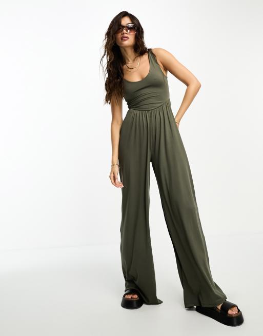 ASOS DESIGN one-shoulder ribbed jumpsuit in washed charcoal