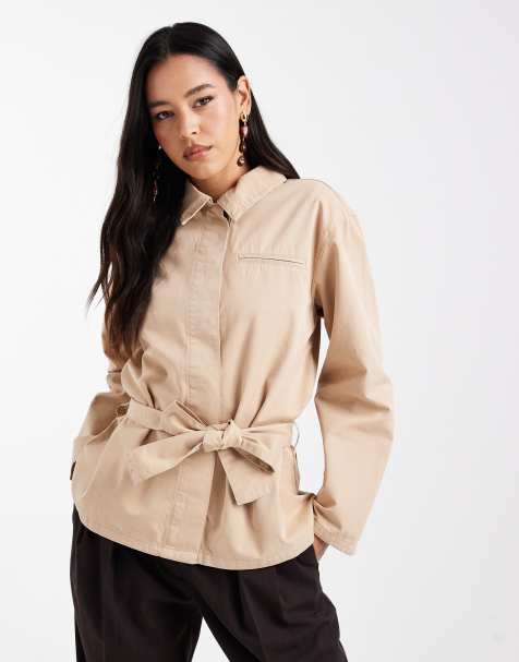ASOS DESIGN drop waist trench jacket with oversized collar in stone - view 1