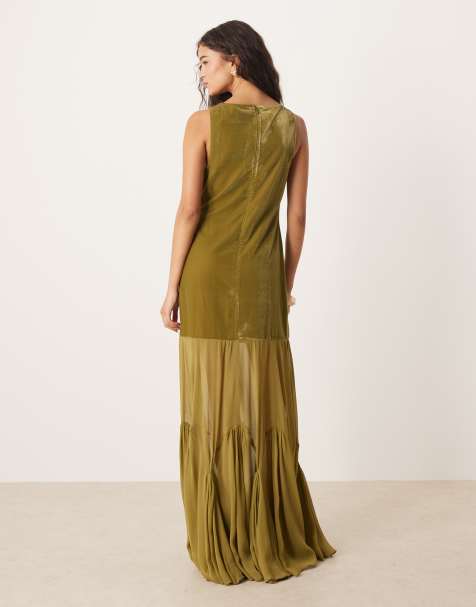 ASOS DESIGN drop waist velvet maxi dress with sheer godet skirt in olive - view 1