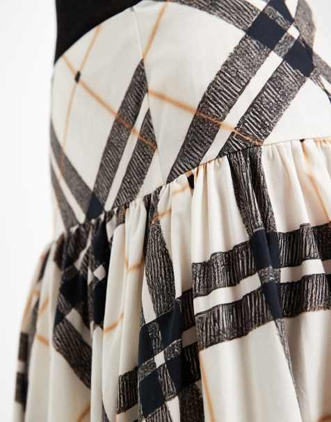 ASOS DESIGN drop waist volume midi skirt in check - view 1