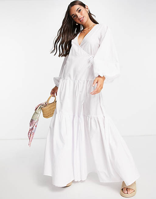 Dresses drop waist wrap tiered maxi dress in white 