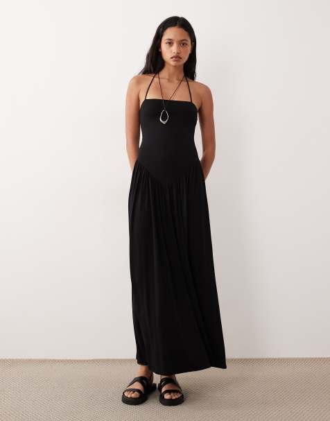 navy blue dress for baby girl ASOS DESIGN high neck slash shoulder maxi dress with open back in black main image 0