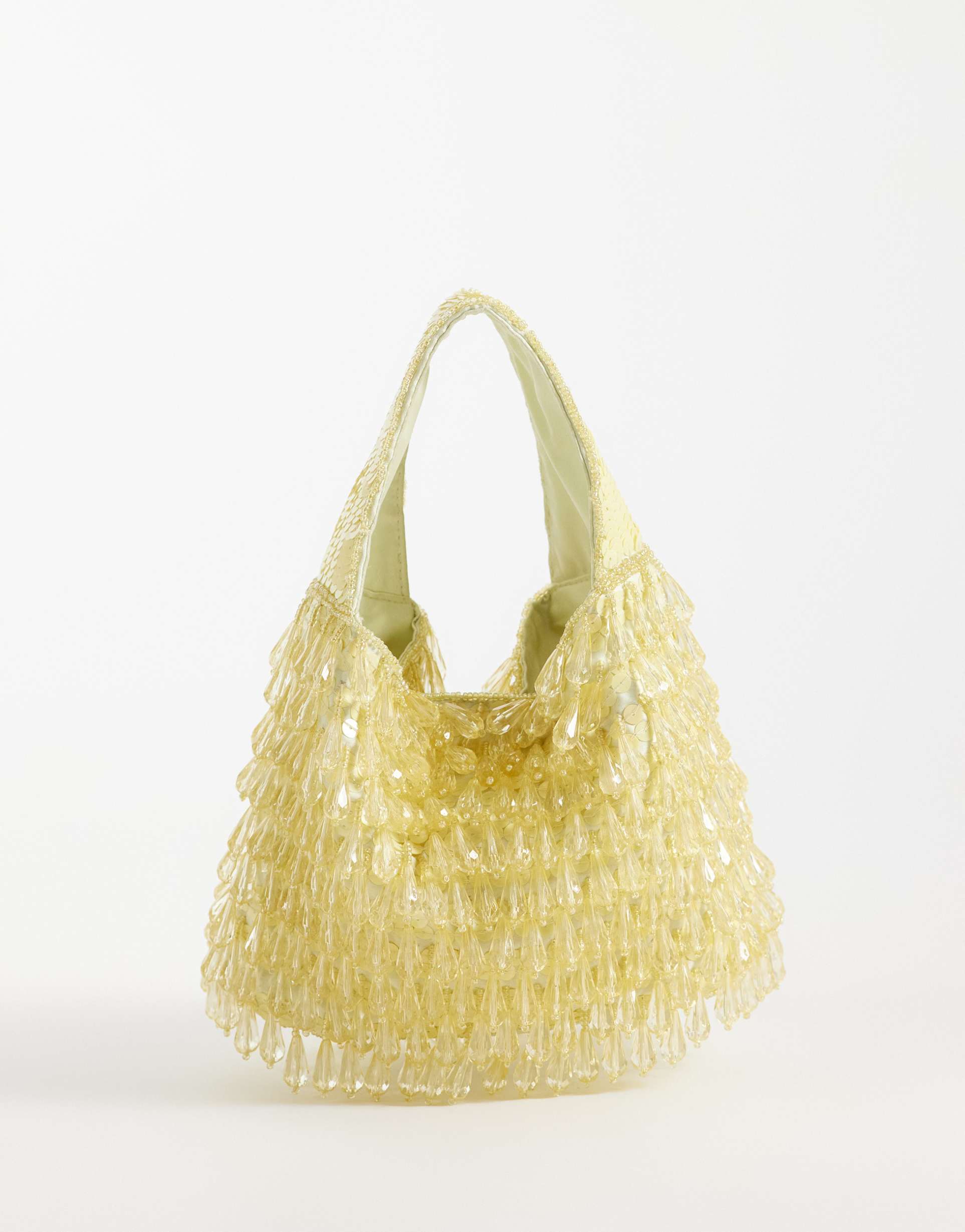 asos design droplet beaded grab clutch bag in yellow