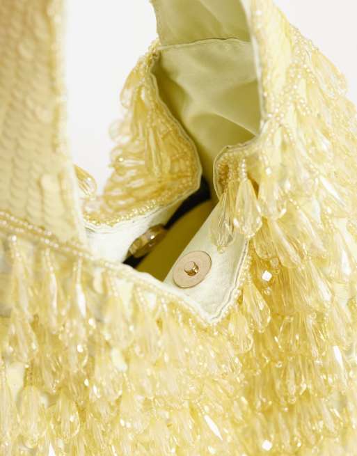 ASOS DESIGN droplet beaded grab clutch bag in yellow, 3 of 4