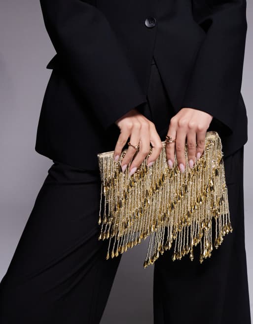 ASOS DESIGN droplet zip top clutch bag in gold, 3 of 4