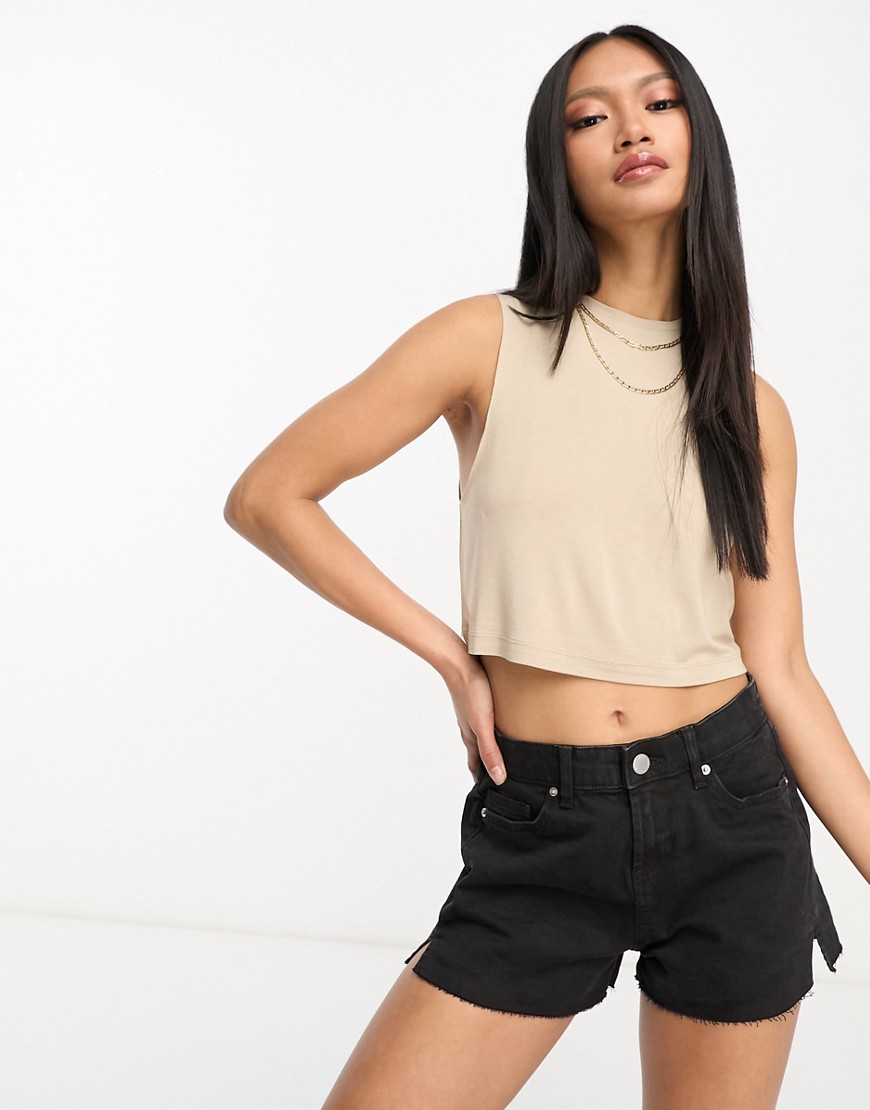 Asos Design Dropped Arm Hole Raw Edge Tank Top In Neutral