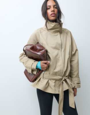 Asos Design Dropped Belt Mid Length Trench Coat In Neutral