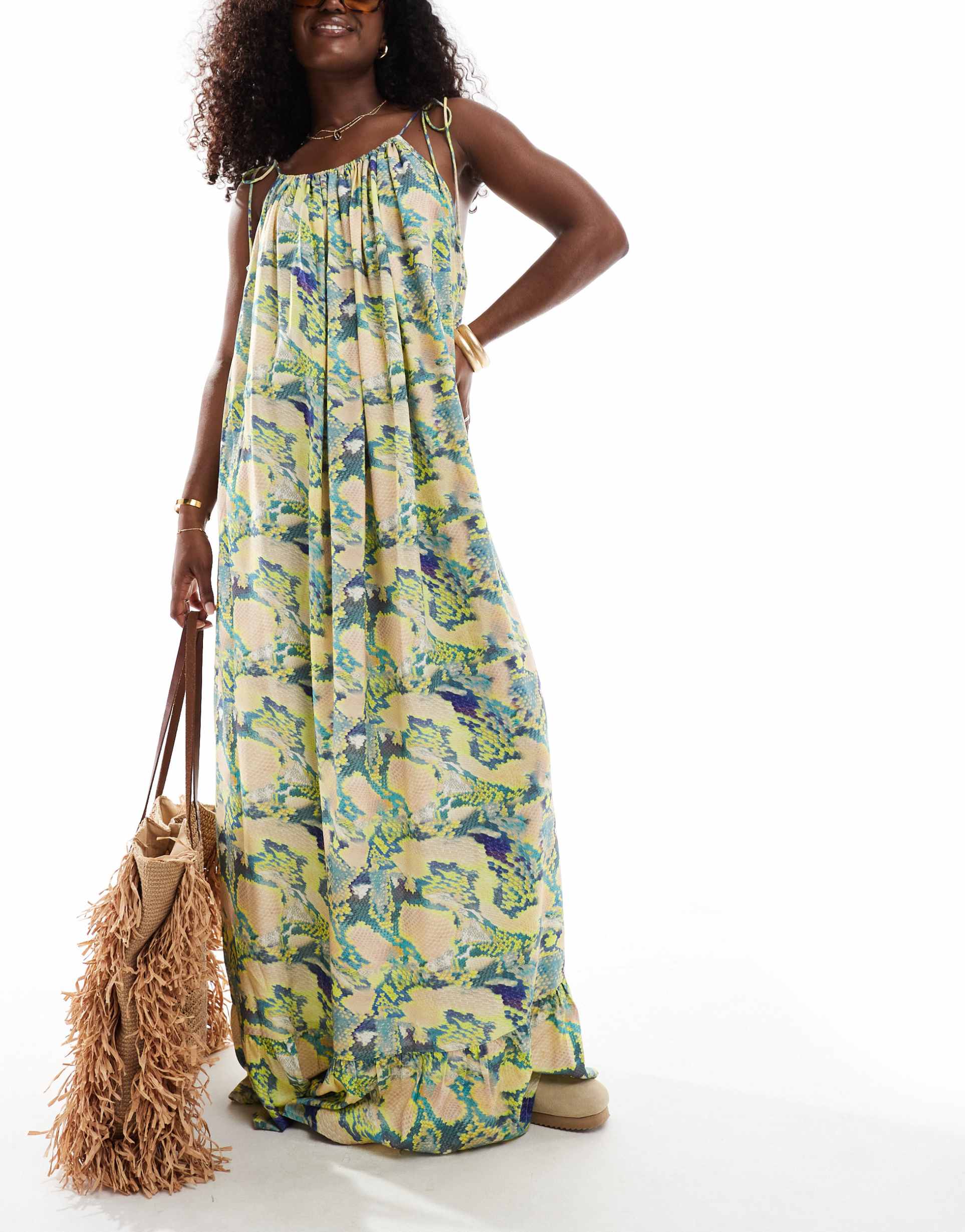 asos design dropped hem maxi beach dress in snake print