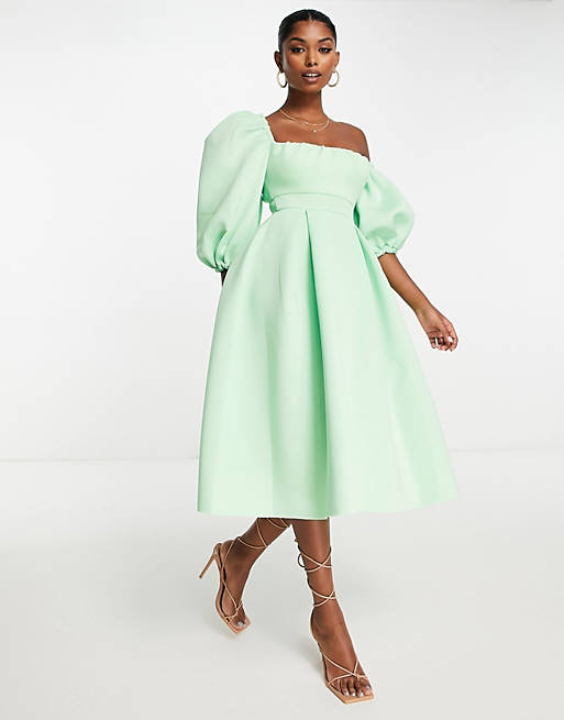 Knipoog defect Oneffenheden ASOS DESIGN dropped puff sleeve midi skater dress in apple green | ASOS