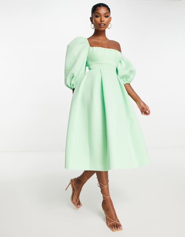 ASOS DESIGN dropped puff sleeve midi skater dress in apple green