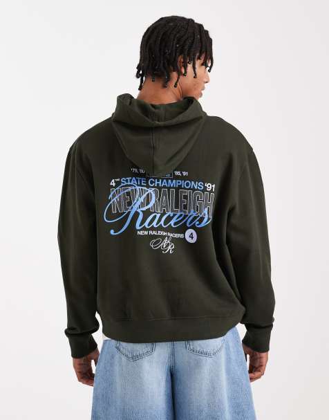 ASOS DESIGN dropped shoulder boxy hoodie with Racers text print in green - view 1