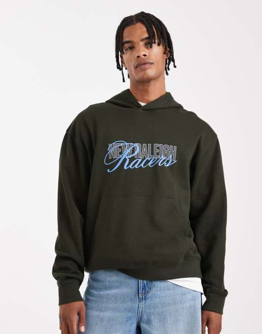 ASOS DESIGN dropped shoulder boxy hoodie with Racers text print in