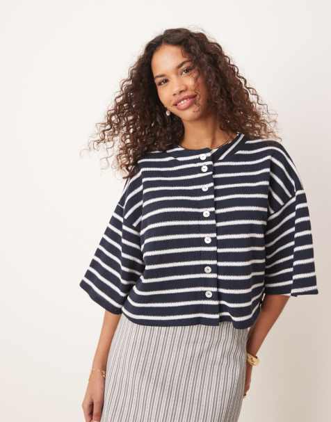 ASOS DESIGN dropped shoulder cardigan in navy stripe - view 1