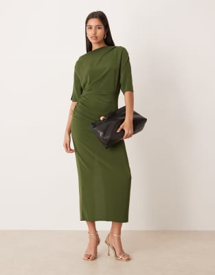 ASOS DESIGN dropped shoulder draped slinky midi dress in olive | ASOS