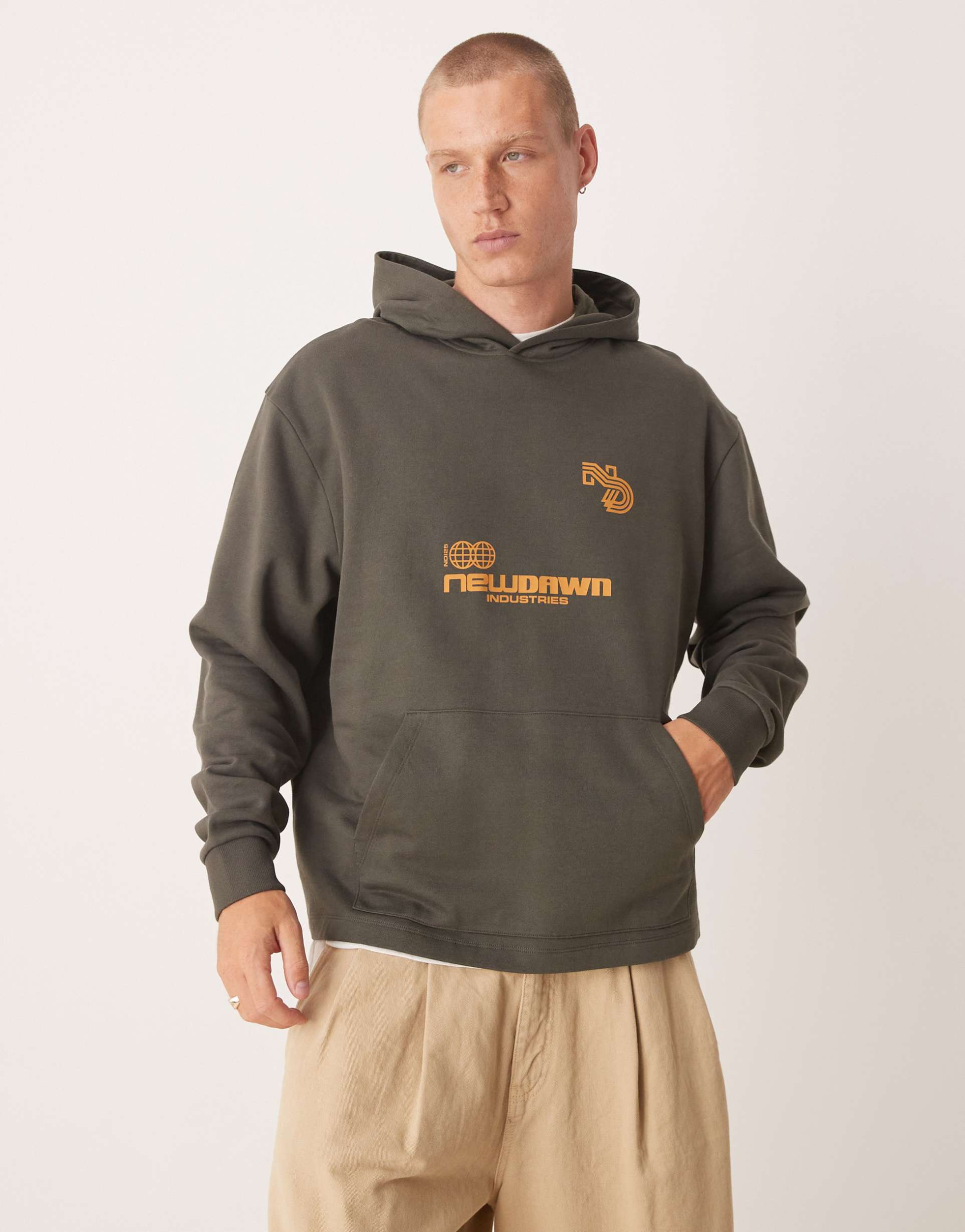 ASOS DESIGN dropped shoulder hoodie with sporty print in brown