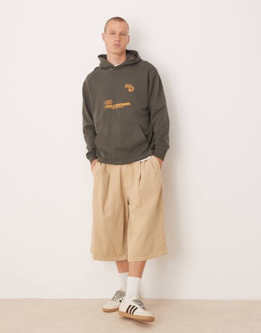 ASOS DESIGN dropped shoulder hoodie with sporty print in brown, 4 of 4