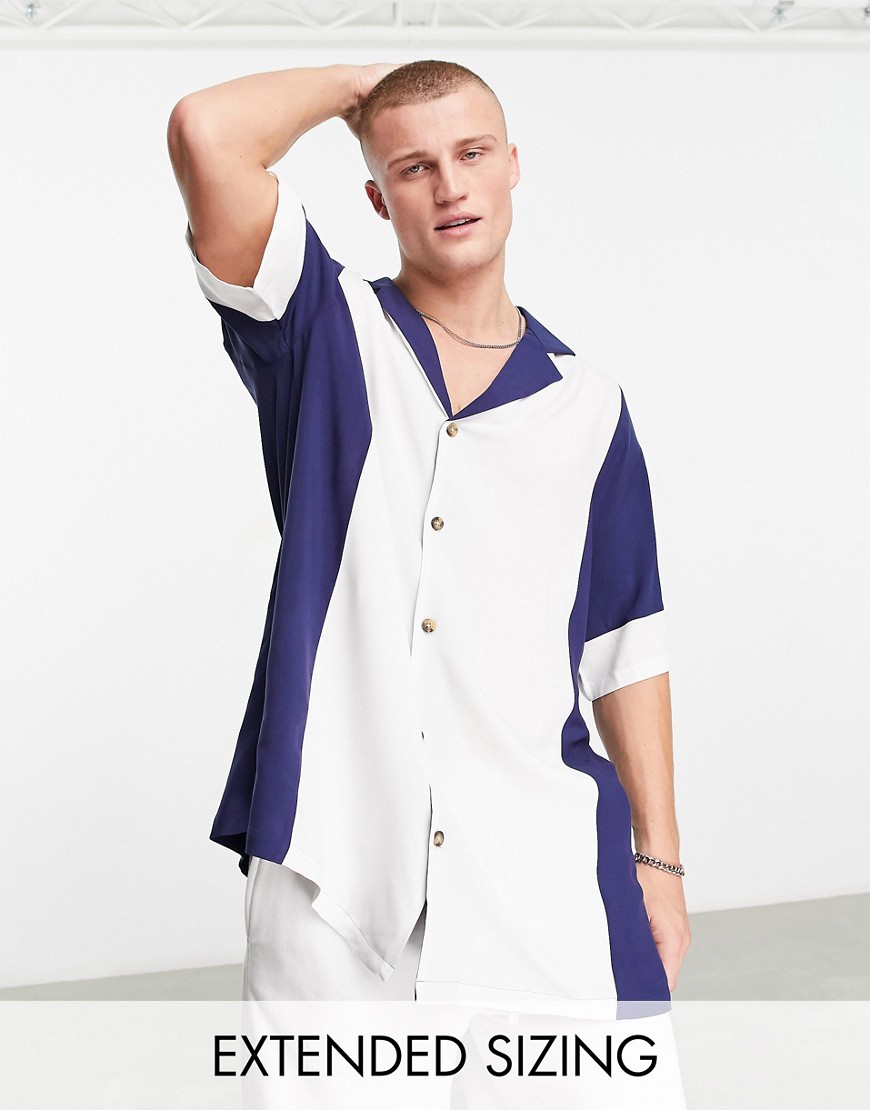 ASOS DESIGN dropped shoulder longline viscose bowling shirt in navy cut and sew