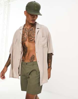 ASOS DESIGN dropped shoulder longline viscose bowling shirt in taupe