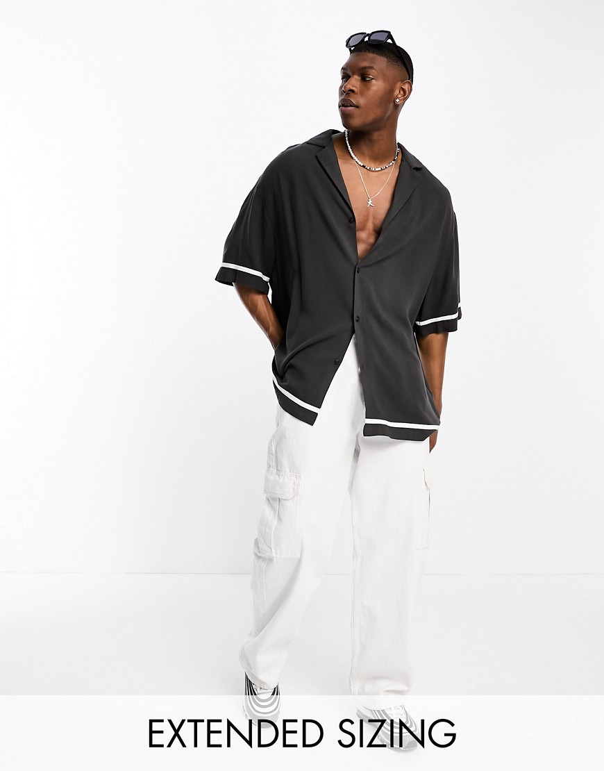 ASOS DESIGN dropped shoulder longline viscose bowling shirt with cut and sew in black-Grey
