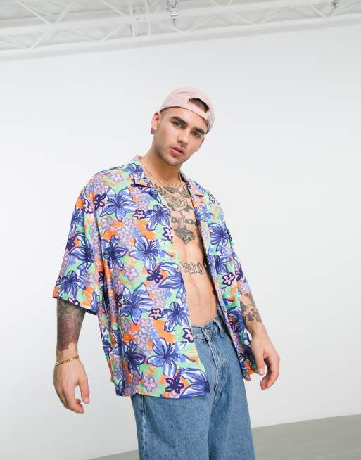 ASOS DESIGN dropped shoulder oversized camp collar shirt in Hawaiian floral  print