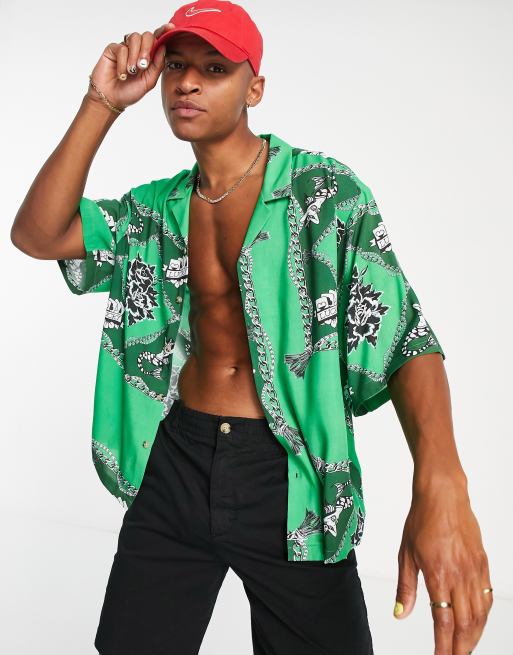 ASOS DESIGN dropped shoulder oversized camp collar shirt in green rope  print | ASOS