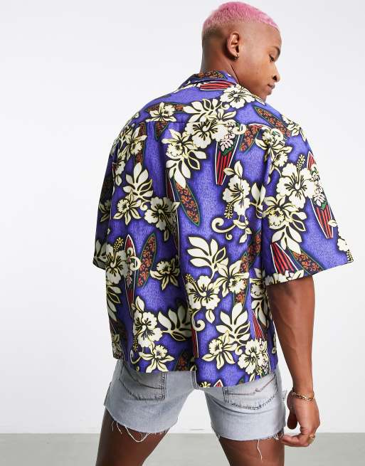 ASOS DESIGN dropped shoulder oversized camp collar shirt in Hawaiian floral  print