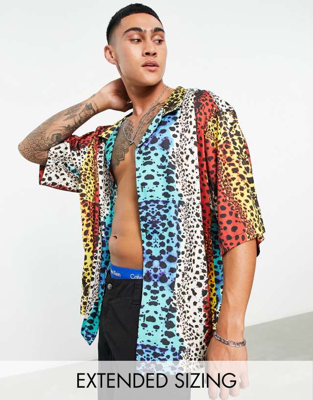 ASOS DESIGN dropped shoulder oversized revere satin shirt in animal print