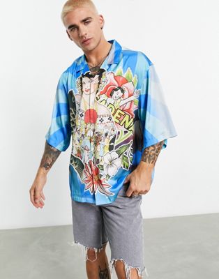 ASOS DESIGN dropped shoulder oversized revere satin shirt with placement print-Multi