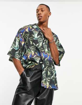 ASOS DESIGN dropped shoulder oversized revere satin shirt with statue face print-Black