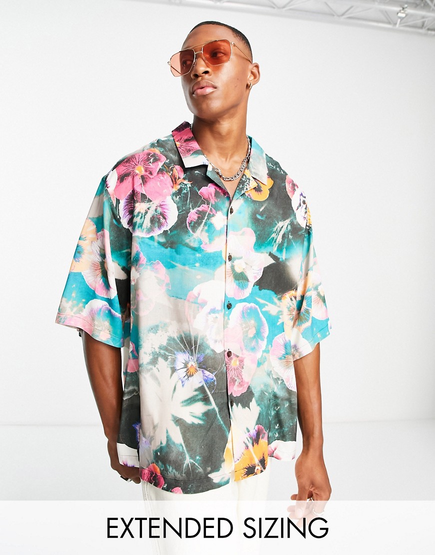 ASOS DESIGN dropped shoulder oversized revere shirt in bright floral print-Multi