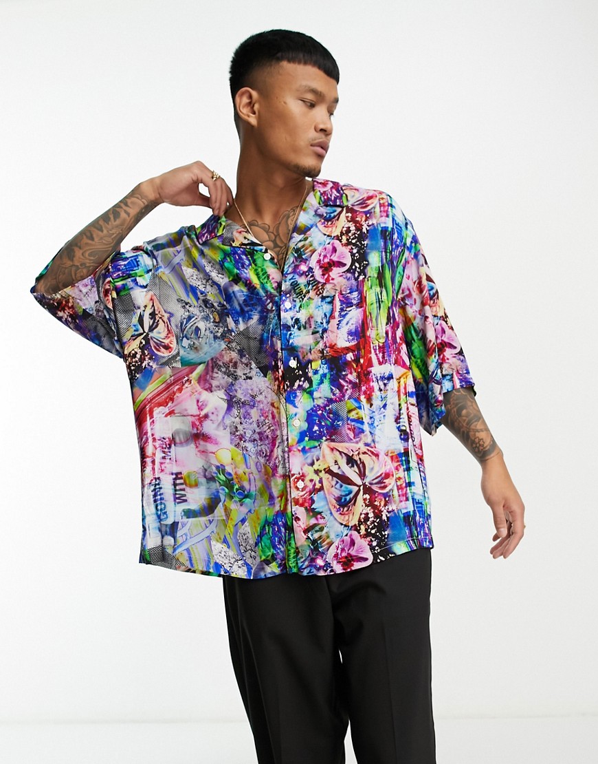 ASOS DESIGN dropped shoulder oversized revere shirt in bright print-Multi