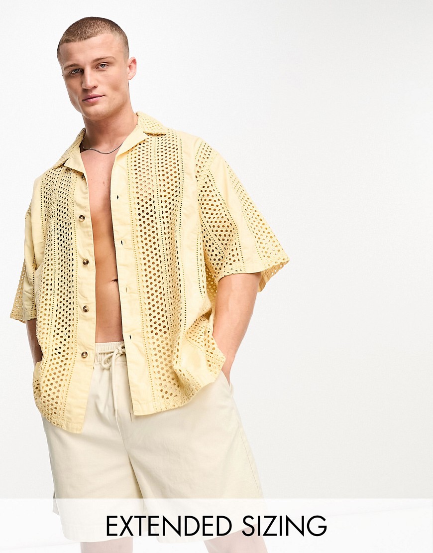 ASOS DESIGN dropped shoulder oversized revere shirt in broidery anglaise-Yellow