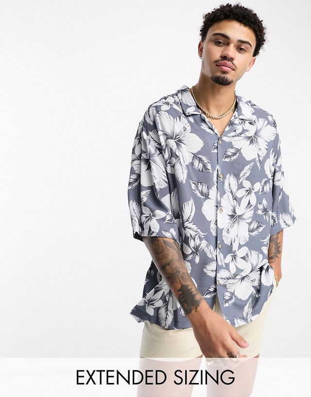 ASOS DESIGN dropped shoulder oversized revere shirt in gray vintage inspired Hawaiian print