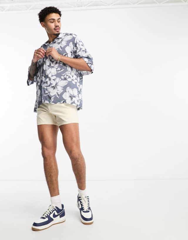 ASOS DESIGN dropped shoulder oversized revere shirt in gray vintage inspired Hawaiian print 0