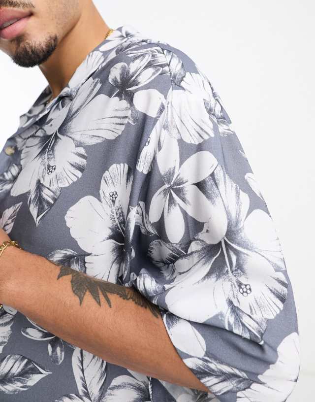 ASOS DESIGN dropped shoulder oversized revere shirt in gray vintage inspired Hawaiian print 1