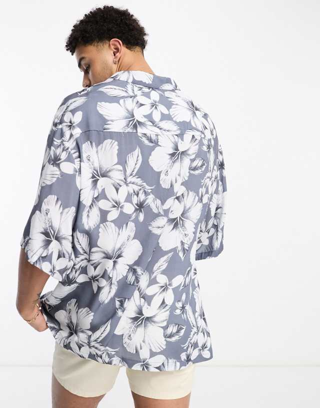 ASOS DESIGN dropped shoulder oversized revere shirt in gray vintage inspired Hawaiian print 2