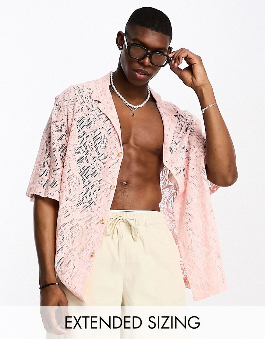 ASOS DESIGN dropped shoulder oversized revere shirt in light pink lace