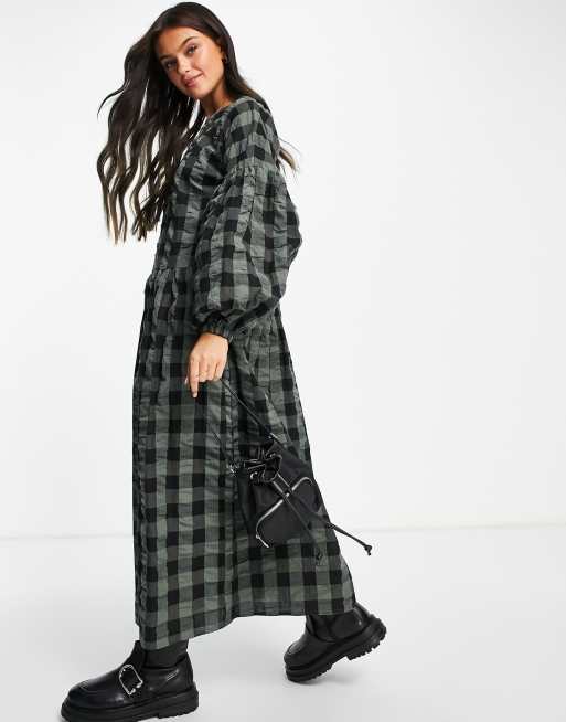 ASOS DESIGN dropped shoulder super oversized smock midi dress in khaki gingham