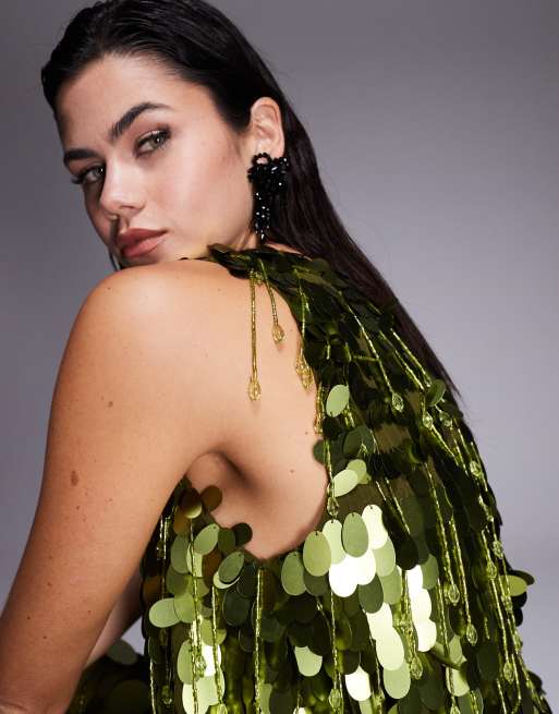 ASOS DESIGN dropped slouchy waist embellished mini dress in green