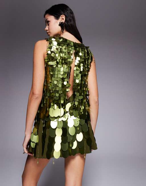 ASOS DESIGN dropped slouchy waist embellished mini dress in green