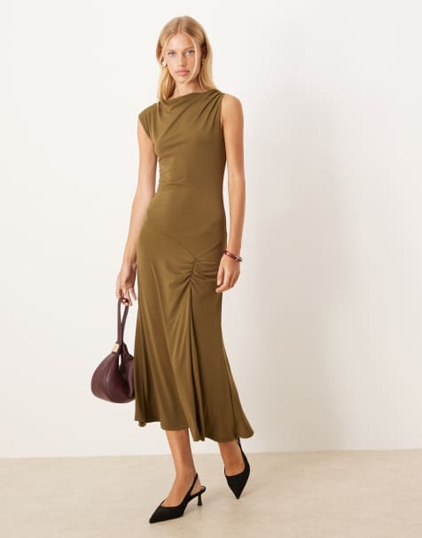 ASOS DESIGN dropped v waist midi dress in khaki - view 1