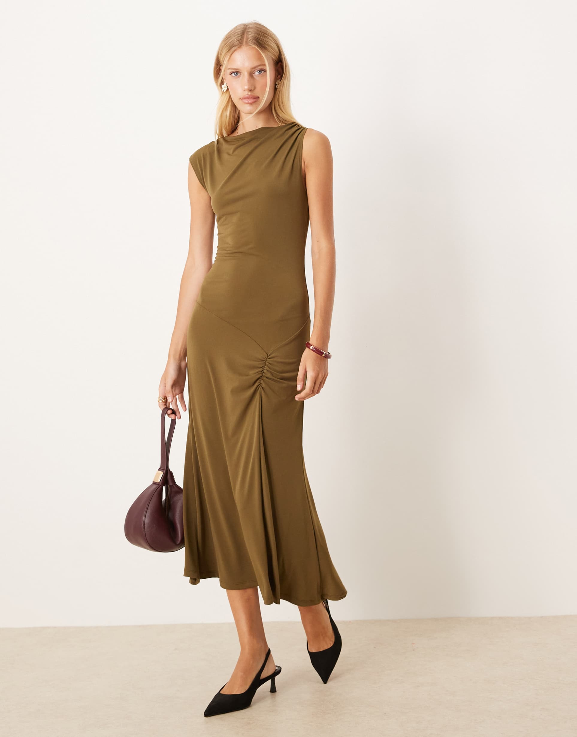 asos design dropped v waist midi dress in khaki