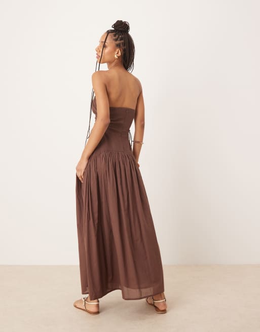 ASOS DESIGN dropped waist bandeau maxi dress with lace up sides in chocolate