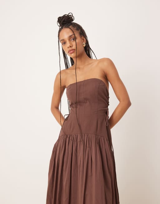 ASOS DESIGN dropped waist bandeau maxi dress with lace up sides in chocolate