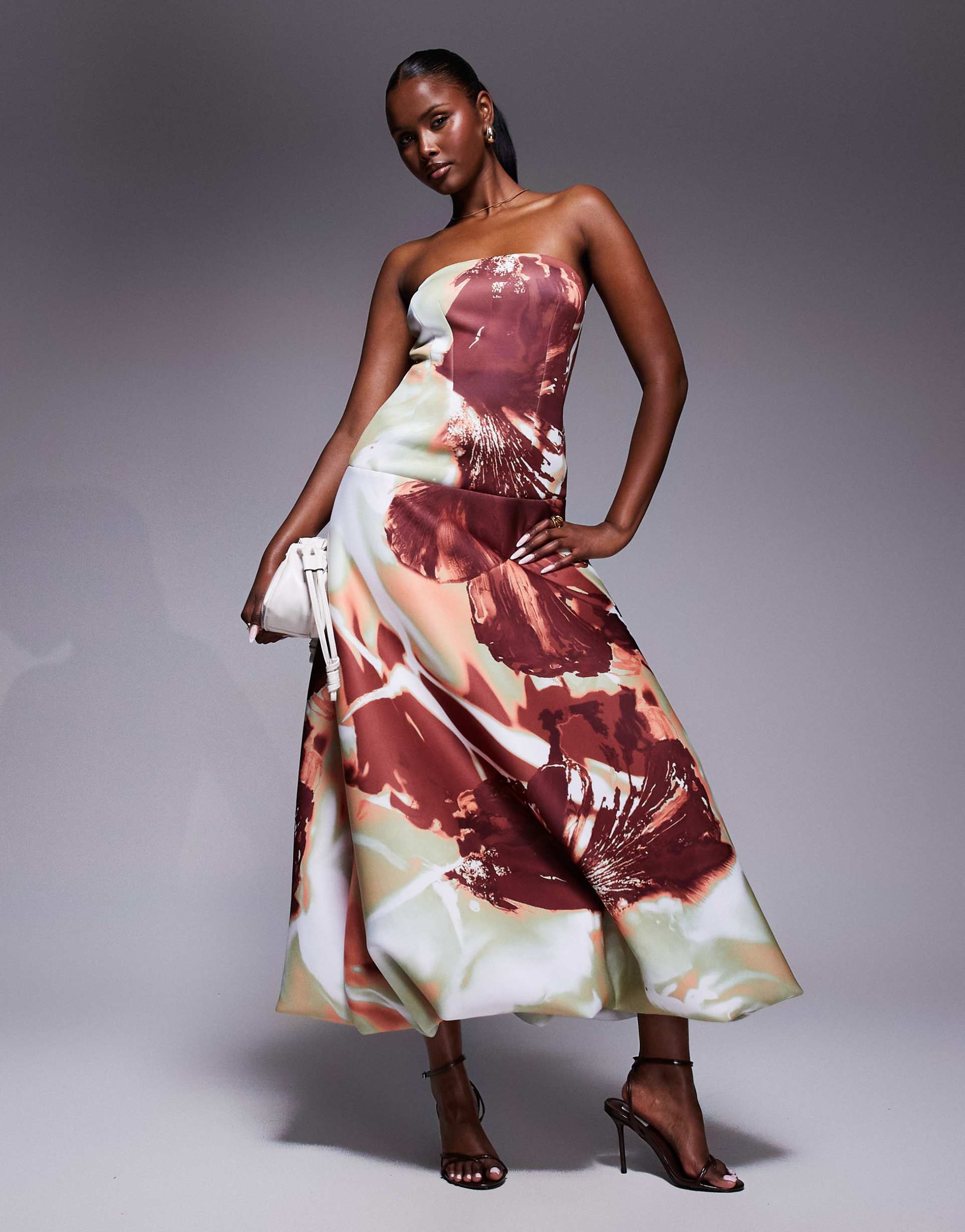 asos design dropped waist bubble hem scuba midaxi dress in oversized floral print