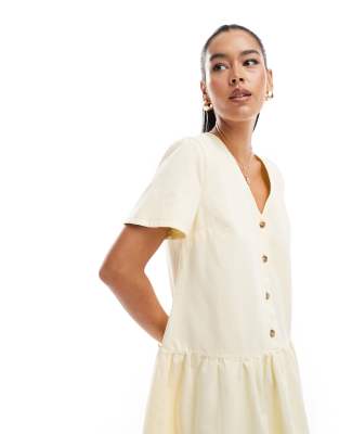 ASOS DESIGN dropped waist button down dress in butter yellow denim