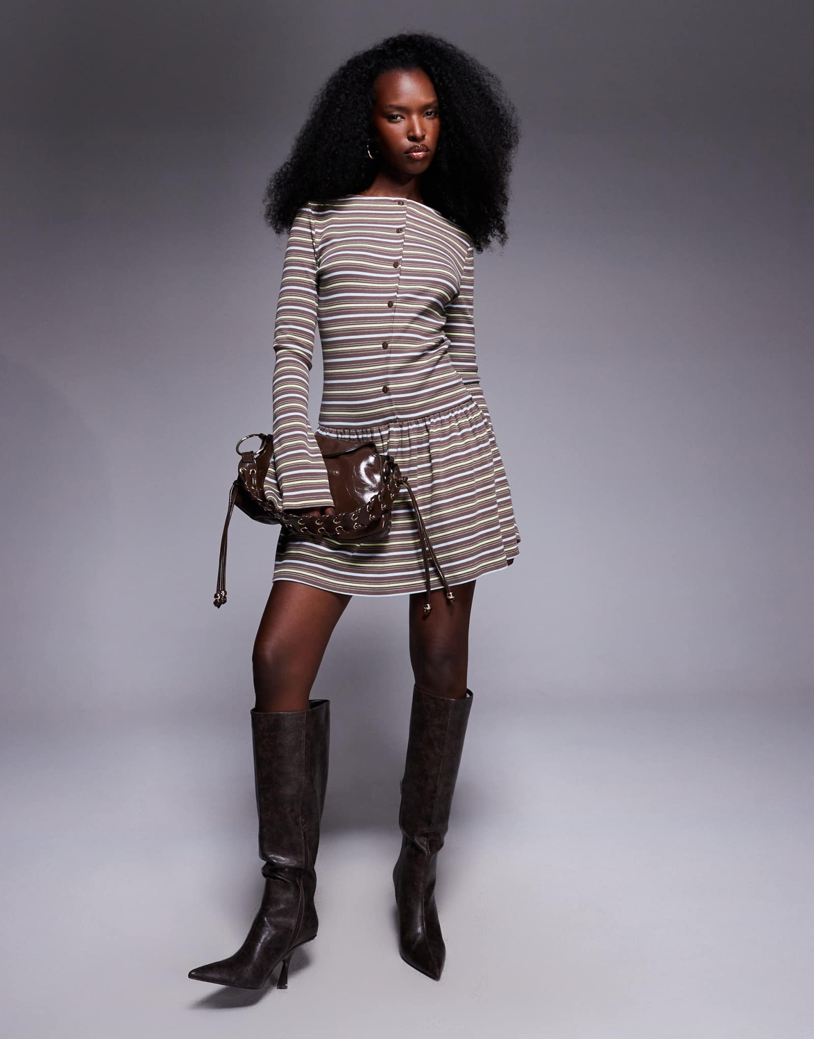 ДИЗАЙНЕРСКОЕ платье ASOS с заниженной талией и пуговицами в коричневую полоску