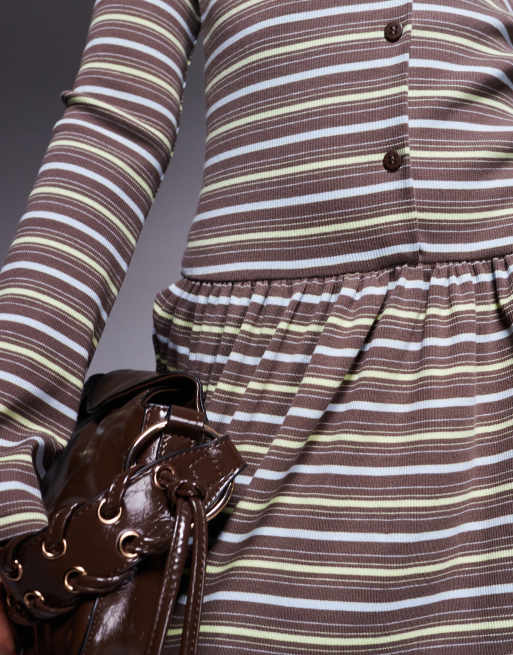 ASOS DESIGN dropped waist button through dress in brown stripe, 3 of 4