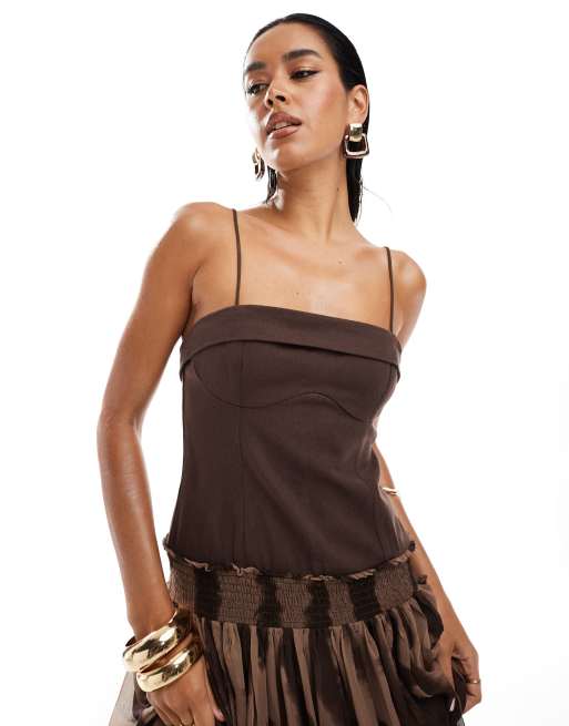 ASOS DESIGN dropped waist cami midi dress in brown
