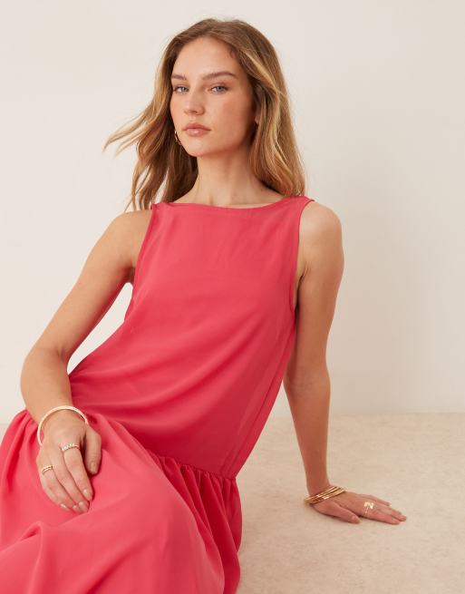 ASOS DESIGN dropped waist chiffon maxi dress in bright pink, 3 of 4
